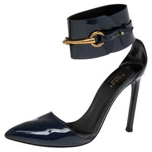 Gucci Dark Blue Patent Leather Ursula Horsebit Ankle Cuff Pointed Toe Sandals Size 37.5
