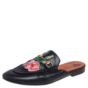 Gucci Black Leather Rose Embroidered Princetown Horsebit Flat Mules Size 40