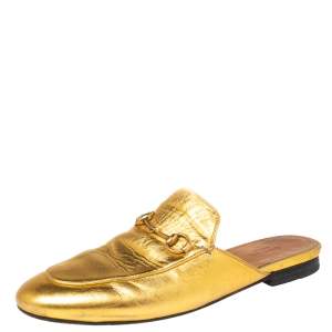 Pre Owned Gucci Gold  Leather Princetown Mules Size 40
