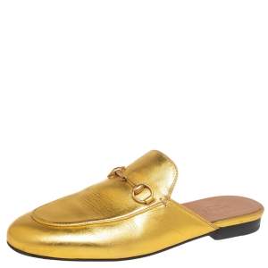 Gucci Metallic Gold Leather Princetown Mules Size 38