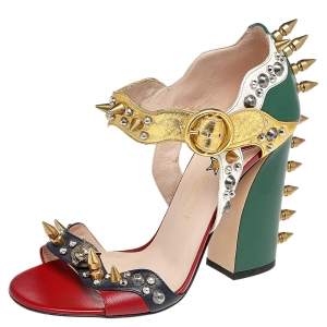 مملوكة مسبقًا صندل غوتشى سير كاحل كعب عريض مرصع جلد متعدد الألوان مقاس 37
