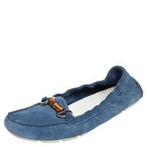 Pre Owned Gucci Blue Suede Bamboo Horsebit Loafers Size 38.5
