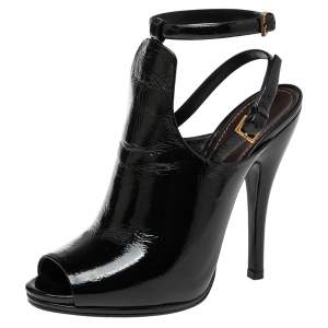 Gucci Black Patent Leather Jane Peep Toe Ankle Strap Booties Size 38.5