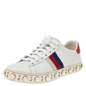 Gucci White Leather And Canvas New Ace Pearl Embellished Low Top Sneakers Size 37.5