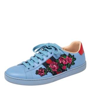 Pre Owned Gucci Blue Leather Floral Sequence Ace Sneakers Size 37.5