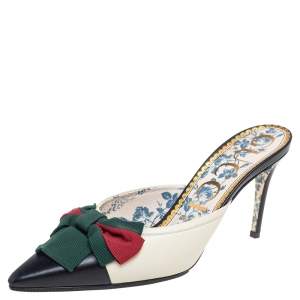 مملوكة مسبقًا Gucci Multicolor Leather Web Bow Pointed Toe Slide Sandals Size 39.5