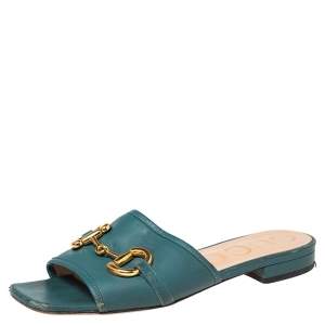 Gucci  Blue Leather Horsebit  Flat Sandals Size 37