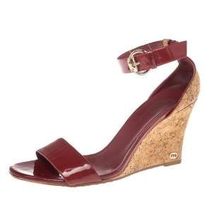 Pre Owned Gucci Red Patent Leather Cork Wedge Ankle Strap Sandals Size 39.5