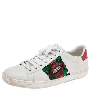 Gucci White Leather Ace Embellished Low Top Sneakers Size 38