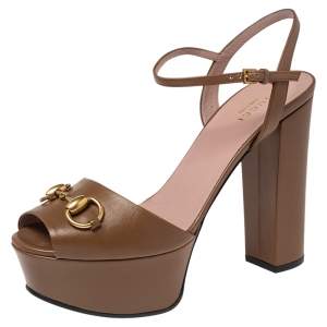 مملوكة مسبقًا Gucci Brown Leather Claudie Ankle Strap Platform Sandals Size 37