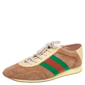 Gucci Beige Suede And Leather Web Detail Sneakers Size 40