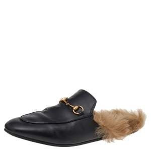 مملوكة مسبقًا صندل غوتشي برينستون فرو وجلد أسود مقاس 39