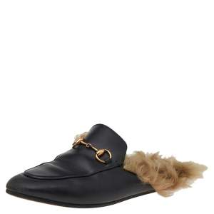 مملوكة مسبقًا حذاء سلايد غوتشي برينس تاون جلد أسود وفرو مقاس 37.5