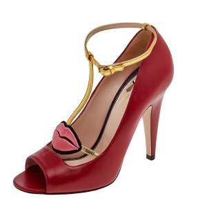 Gucci Red Leather Molina T Strap Sandals Size 38