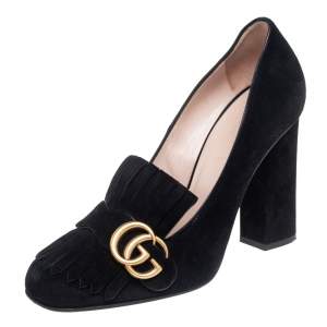 Pre Owned Gucci Black Suede GG Marmont Fringe Loafer Pumps Size 39.5