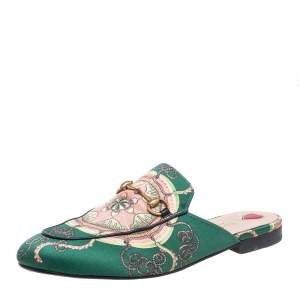 Pre Owned Gucci Green Printed Satin Princetown Horsebit Mules Size 40