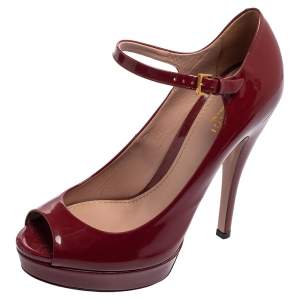 Pre Owned حذاء كعب عالي غوتشي جلد لامع كستنائي سير كاحل مقدمة مفتوحة نعل سميك مقاس 38