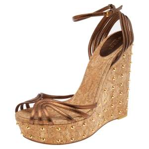 Pre Owned Gucci Brown Leather Studded Cork Wedge Platform Sandals Size 41