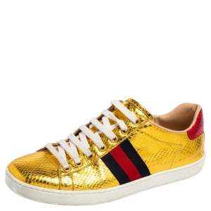 Pre Owned Gucci Gold Python Embossed Leather Ace Web Detail Low Top Sneakers Size 38