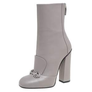 Gucci Grey Leather Horsebit Detail Ankle Boots Size 36.5 
