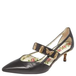 Pre Owned Gucci Black Leather Cutout Bees Bamboo Heel Pumps Size 37