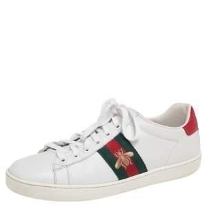 Pre Owned Gucci White Leather Embroidered Bee Ace Low Top Sneakers Size 38