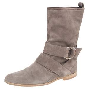 Gucci Grey Suede Mid Calf Bamboo Ring Boots Size 38.5