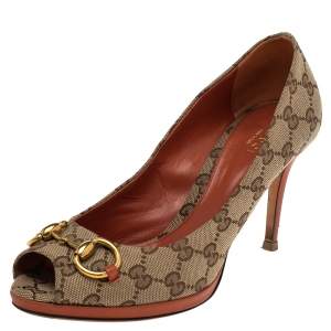 Pre Owned Gucci Beige GG Canvas Horsebit Peep Toe Pumps Size 39.5