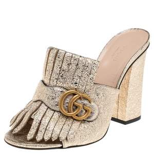 مملوكة مسبقًا Gucci Metallic Gold Leather Marmont Fringe Detail Open Toe Sandals Size 39