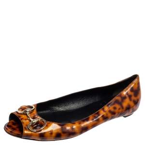 Gucci Brown Leopard Print Patent Leather Horsebit Ballet Flats Size 41