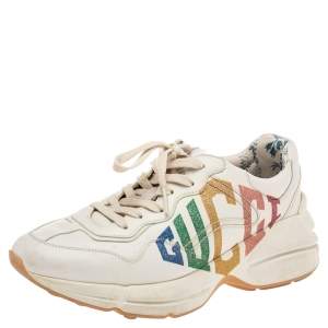 مملوكة مسبقًا Gucci Beige Leather Glitter Rhyton Lace Up Sneakers Size 39