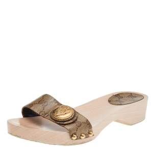 Pre Owned Gucci Brown/Beige GG Coated Canvas Hysteria Wooden Slide Sandals Size 39.5