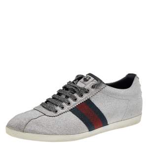 Gucci Metallic Silver Glitter Coated Fabric Bambi Web Detail Studded Low Top Sneakers Size 40.5