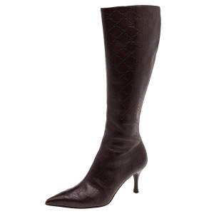 Pre Owned Gucci Brown Guccissima Leather Pointed Toe Knee Length Boots Size 38