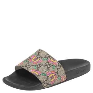 Pre Owned Gucci Beige Butterfly Print GG Supreme Canvas Slide Flat Sandals Size 34