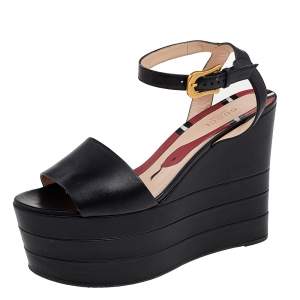 مملوكة مسبقًا Gucci Black Leather Sally Wedge Platform Ankle Strap Sandals Size 38