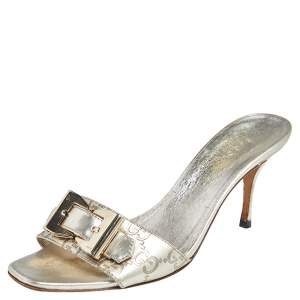 Pre Owned Gucci Gold Leather Interlocking G Buckle Slide Sandals Size 38