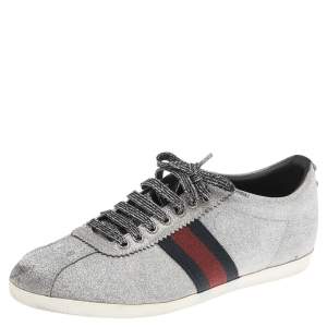 Gucci Metallic Silver Glitter Coated Fabric Bambi Web Detail Studded Low Top Sneakers Size 41