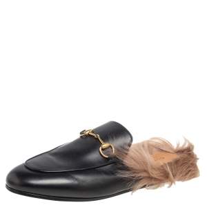 Pre Owned Gucci Black Leather and Fur Princetown Mules Size 38