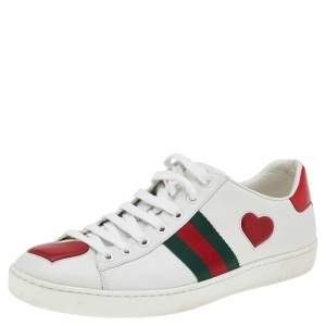 Gucci White Leather And Canvas Web Heart Detail Lace Up Sneakers Size 40
