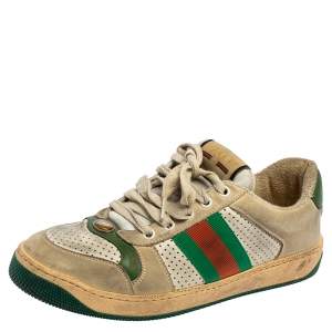 Gucci Beige/Green Perforated Leather and Nubuck Leather Screener Low Top Sneakers Size 37.5