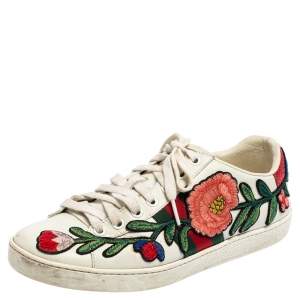 Gucci White Leather Floral Embroidered Ace Low Top Sneakers Size 37
