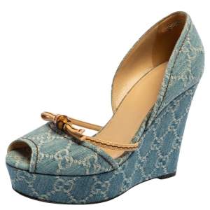 مملوكة مسبقًا Gucci Blue GG Denim and Leather D'orsay Wedge Sandals Size 36