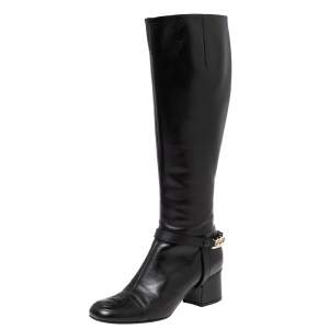 Gucci Black Leather Chain GG Knee Length Boots Size 37