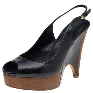 Gucci Black Leather Peep Toe Slingback Wedge Sandals Size 37
