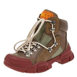 Gucci Khaki/Brick Red Leather and Nylon Flashtrek High-Top Sneakers Size 38.5