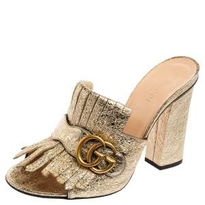 Pre Owned Gucci Metallic Gold Creased Leather Marmont GG Fringe Mule Sandals Size 37.5