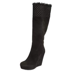 Pre Owned Gucci Black Suede Wedge Knee Length Boots Size 37
