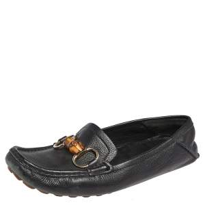 Gucci Black Leather Bamboo Horsebit  Driving Loafers Size 38