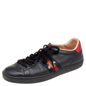 Gucci Black Leather Ace Bee Embroidered Web Low Top Sneakers Size 37.5